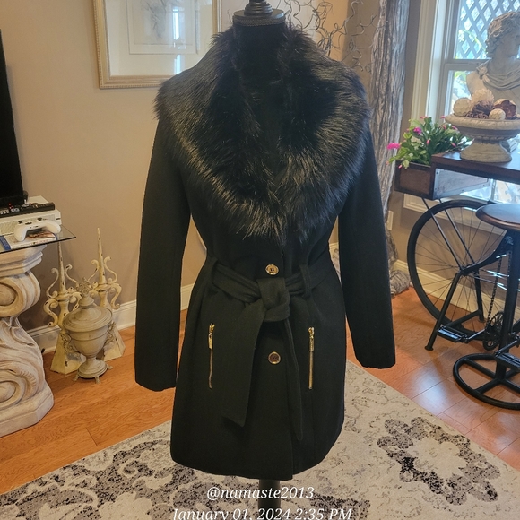 Guess Wool Blend Faux Fur Collar Pea Coat Luxury Designer Jacket Winter #677 - Picture 5 of 15